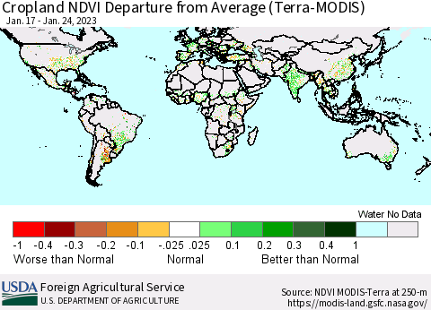 World Cropland NDVI Departure from Average (Terra-MODIS) Thematic Map For 1/21/2023 - 1/31/2023