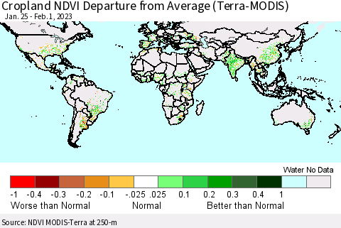 World Cropland NDVI Departure from Average (Terra-MODIS) Thematic Map For 1/25/2023 - 2/1/2023