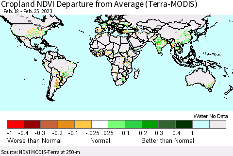 World Cropland NDVI Departure from Average (Terra-MODIS) Thematic Map For 2/18/2023 - 2/25/2023