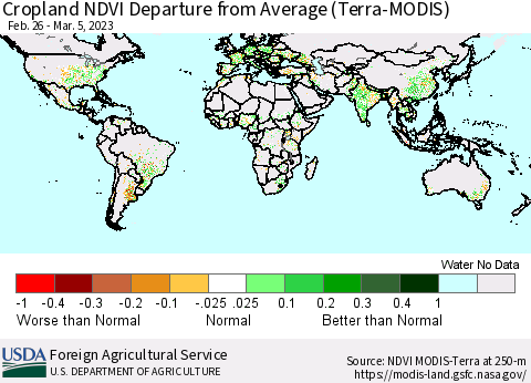 World Cropland NDVI Departure from Average (Terra-MODIS) Thematic Map For 3/1/2023 - 3/10/2023