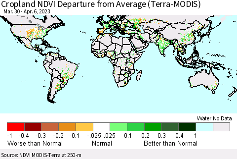 World Cropland NDVI Departure from Average (Terra-MODIS) Thematic Map For 3/30/2023 - 4/6/2023