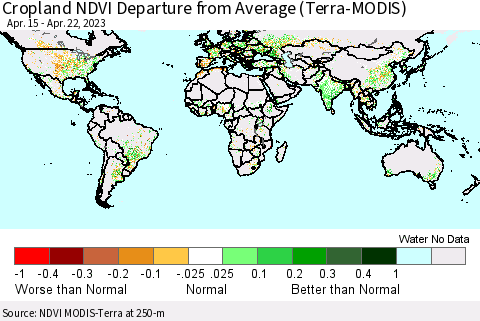 World Cropland NDVI Departure from Average (Terra-MODIS) Thematic Map For 4/15/2023 - 4/22/2023