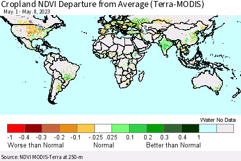 World Cropland NDVI Departure from Average (Terra-MODIS) Thematic Map For 5/1/2023 - 5/8/2023