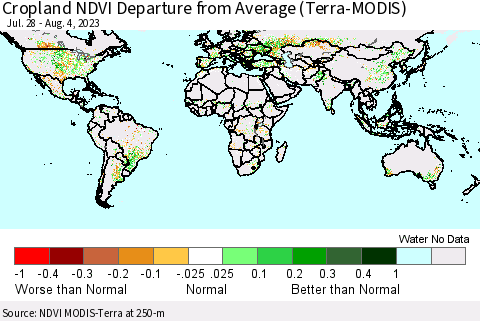 World Cropland NDVI Departure from Average (Terra-MODIS) Thematic Map For 7/28/2023 - 8/4/2023