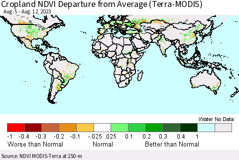World Cropland NDVI Departure from Average (Terra-MODIS) Thematic Map For 8/5/2023 - 8/12/2023