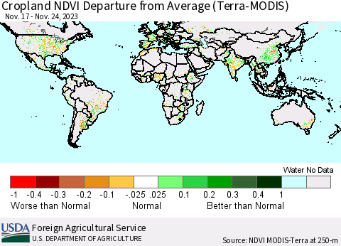 World Cropland NDVI Departure from Average (Terra-MODIS) Thematic Map For 11/21/2023 - 11/30/2023