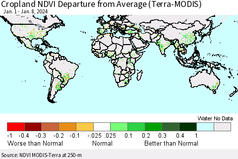 World Cropland NDVI Departure from Average (Terra-MODIS) Thematic Map For 1/1/2024 - 1/8/2024