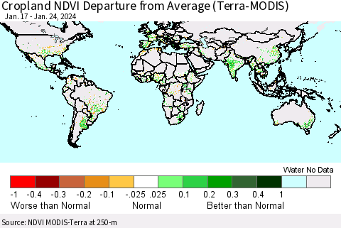 World Cropland NDVI Departure from Average (Terra-MODIS) Thematic Map For 1/17/2024 - 1/24/2024