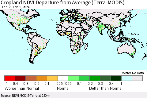 World Cropland NDVI Departure from Average (Terra-MODIS) Thematic Map For 2/2/2024 - 2/9/2024