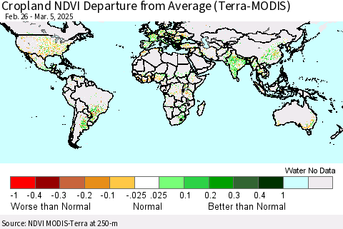 World Cropland NDVI Departure from Average (Terra-MODIS) Thematic Map For 2/26/2025 - 3/5/2025