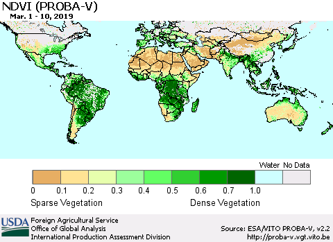World NDVI (PROBA-V) Thematic Map For 3/1/2019 - 3/10/2019