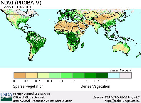 World NDVI (PROBA-V) Thematic Map For 4/1/2019 - 4/10/2019