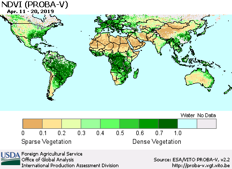 World NDVI (PROBA-V) Thematic Map For 4/11/2019 - 4/20/2019