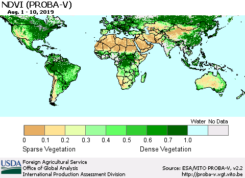 World NDVI (PROBA-V) Thematic Map For 8/1/2019 - 8/10/2019