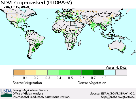 World NDVI Crop-masked (PROBA-V) Thematic Map For 1/1/2018 - 1/10/2018