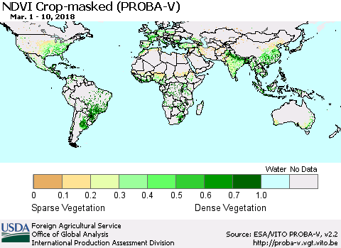 World NDVI Crop-masked (PROBA-V) Thematic Map For 3/1/2018 - 3/10/2018