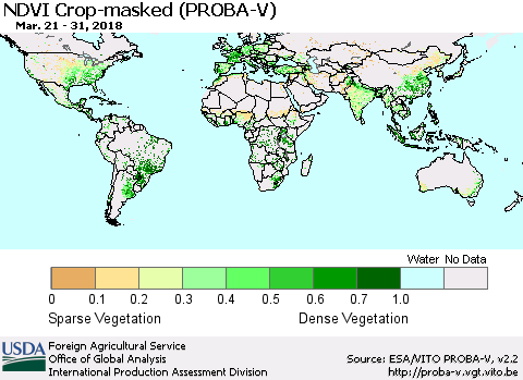 World NDVI Crop-masked (PROBA-V) Thematic Map For 3/21/2018 - 3/31/2018