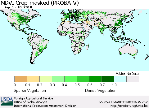 World NDVI Crop-masked (PROBA-V) Thematic Map For 9/1/2018 - 9/10/2018