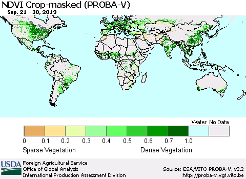 World NDVI Crop-masked (PROBA-V) Thematic Map For 9/21/2019 - 9/30/2019
