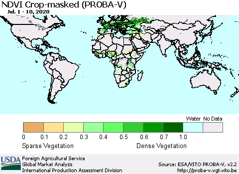 World NDVI Crop-masked (PROBA-V) Thematic Map For 7/1/2020 - 7/10/2020