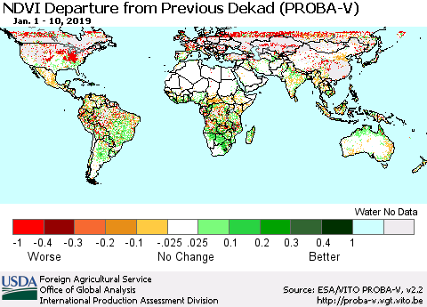 World NDVI Departure from Previous Dekad (PROBA-V) Thematic Map For 1/1/2019 - 1/10/2019
