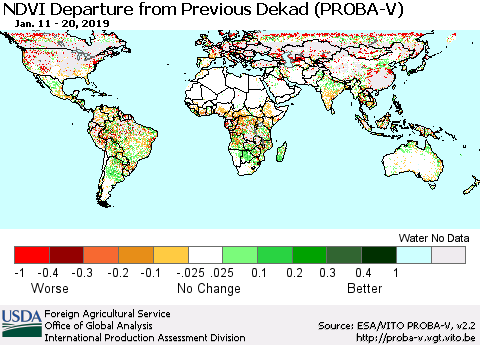 World NDVI Departure from Previous Dekad (PROBA-V) Thematic Map For 1/11/2019 - 1/20/2019