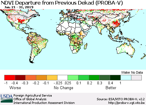 World NDVI Departure from Previous Dekad (PROBA-V) Thematic Map For 1/21/2019 - 1/31/2019