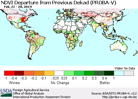 World NDVI Departure from Previous Dekad (PROBA-V) Thematic Map For 2/21/2019 - 2/28/2019
