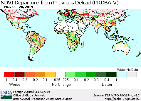World NDVI Departure from Previous Dekad (PROBA-V) Thematic Map For 3/11/2019 - 3/20/2019