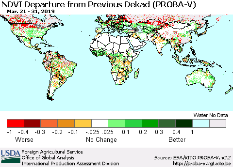 World NDVI Departure from Previous Dekad (PROBA-V) Thematic Map For 3/21/2019 - 3/31/2019