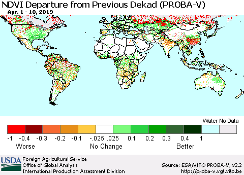 World NDVI Departure from Previous Dekad (PROBA-V) Thematic Map For 4/1/2019 - 4/10/2019