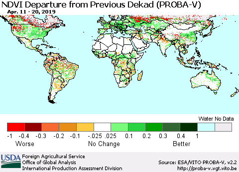 World NDVI Departure from Previous Dekad (PROBA-V) Thematic Map For 4/11/2019 - 4/20/2019