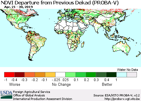 World NDVI Departure from Previous Dekad (PROBA-V) Thematic Map For 4/21/2019 - 4/30/2019