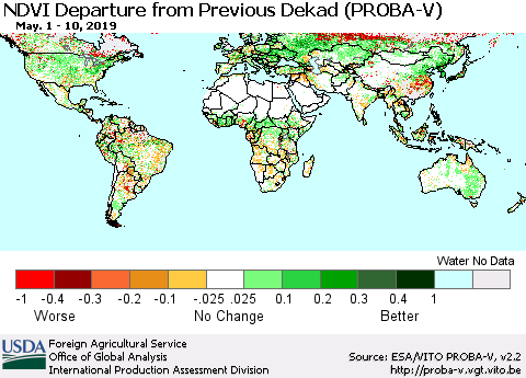 World NDVI Departure from Previous Dekad (PROBA-V) Thematic Map For 5/1/2019 - 5/10/2019