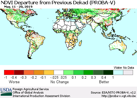 World NDVI Departure from Previous Dekad (PROBA-V) Thematic Map For 5/11/2019 - 5/20/2019