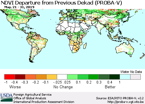 World NDVI Departure from Previous Dekad (PROBA-V) Thematic Map For 5/21/2019 - 5/31/2019
