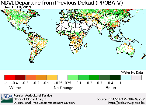 World NDVI Departure from Previous Dekad (PROBA-V) Thematic Map For 6/1/2019 - 6/10/2019
