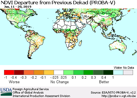 World NDVI Departure from Previous Dekad (PROBA-V) Thematic Map For 6/11/2019 - 6/20/2019