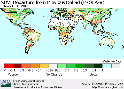 World NDVI Departure from Previous Dekad (PROBA-V) Thematic Map For 6/21/2019 - 6/30/2019