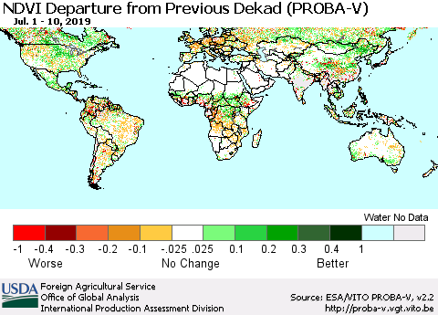 World NDVI Departure from Previous Dekad (PROBA-V) Thematic Map For 7/1/2019 - 7/10/2019