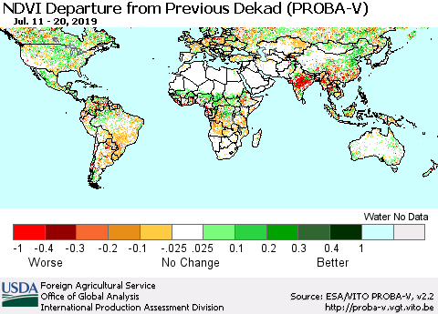 World NDVI Departure from Previous Dekad (PROBA-V) Thematic Map For 7/11/2019 - 7/20/2019