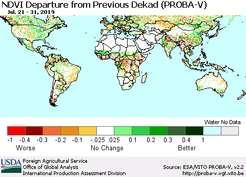 World NDVI Departure from Previous Dekad (PROBA-V) Thematic Map For 7/21/2019 - 7/31/2019