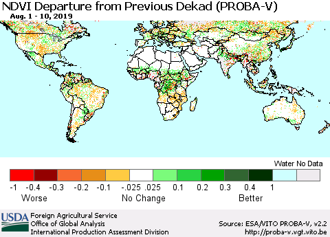 World NDVI Departure from Previous Dekad (PROBA-V) Thematic Map For 8/1/2019 - 8/10/2019