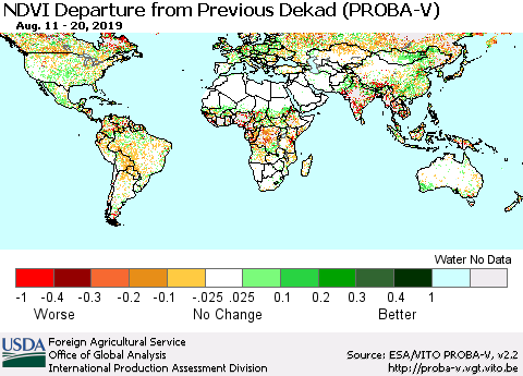 World NDVI Departure from Previous Dekad (PROBA-V) Thematic Map For 8/11/2019 - 8/20/2019