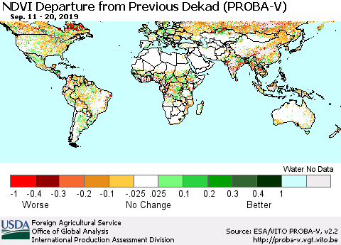 World NDVI Departure from Previous Dekad (PROBA-V) Thematic Map For 9/11/2019 - 9/20/2019