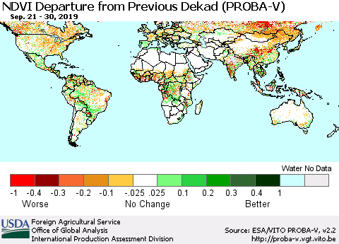 World NDVI Departure from Previous Dekad (PROBA-V) Thematic Map For 9/21/2019 - 9/30/2019