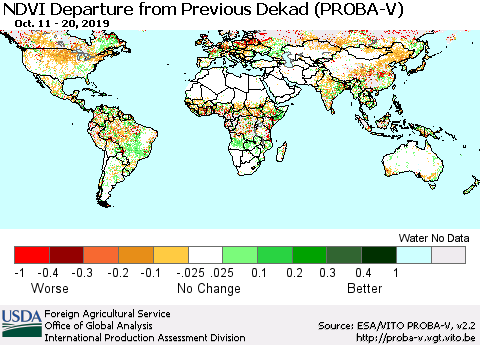 World NDVI Departure from Previous Dekad (PROBA-V) Thematic Map For 10/11/2019 - 10/20/2019