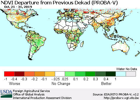 World NDVI Departure from Previous Dekad (PROBA-V) Thematic Map For 10/21/2019 - 10/31/2019