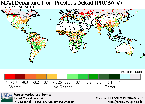 World NDVI Departure from Previous Dekad (PROBA-V) Thematic Map For 11/11/2019 - 11/20/2019