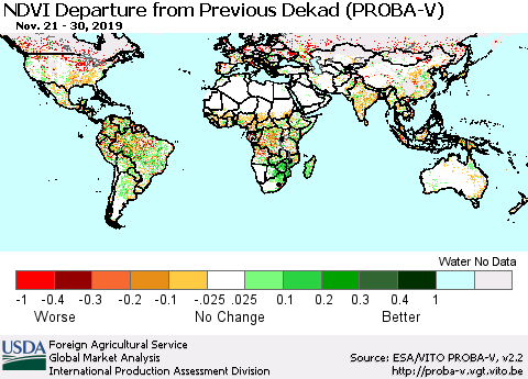 World NDVI Departure from Previous Dekad (PROBA-V) Thematic Map For 11/21/2019 - 11/30/2019